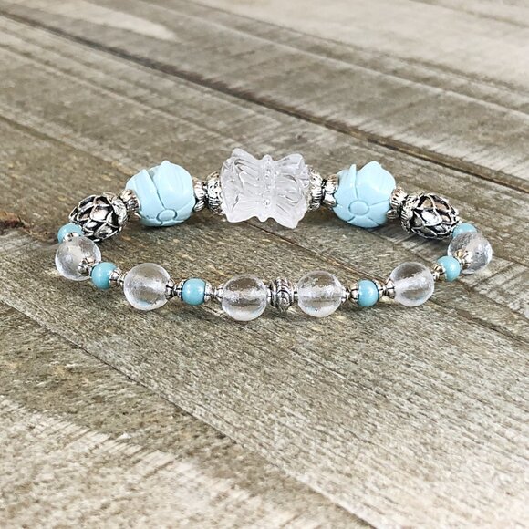 Rock Quartz Double Lotus Bracelet, Shell Powder Blue Flowers - Picture 5 of 7